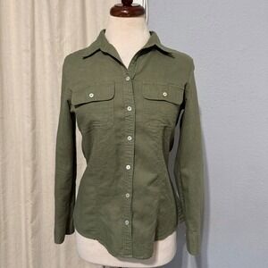 Max Studio Womens Career Olive Green Linen Blend Button Down Shirt Long Sleeve S